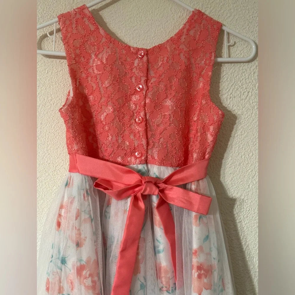 Jona Michelle Party Dress Girl Coral Lace Bodice Floral Print Under Tulle Size 8